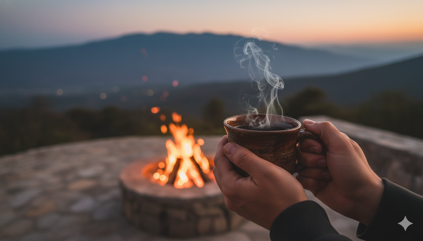 Persona disfrutando de una taza de café al aire libre.